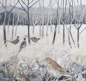 Birds in Oak Woodlands – Framed Art Print – Painting of Pheasants and Mistle Thrush – Surrounds West Byfleet Surrey